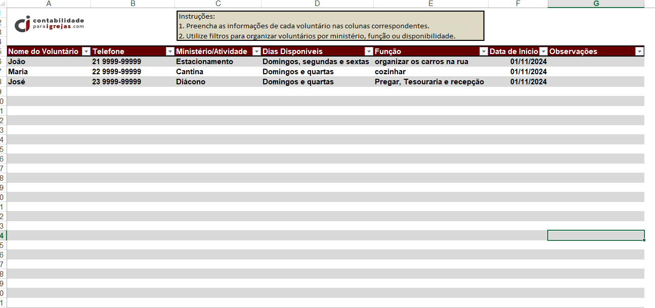Planilha Controle de Voluntários para Igreja